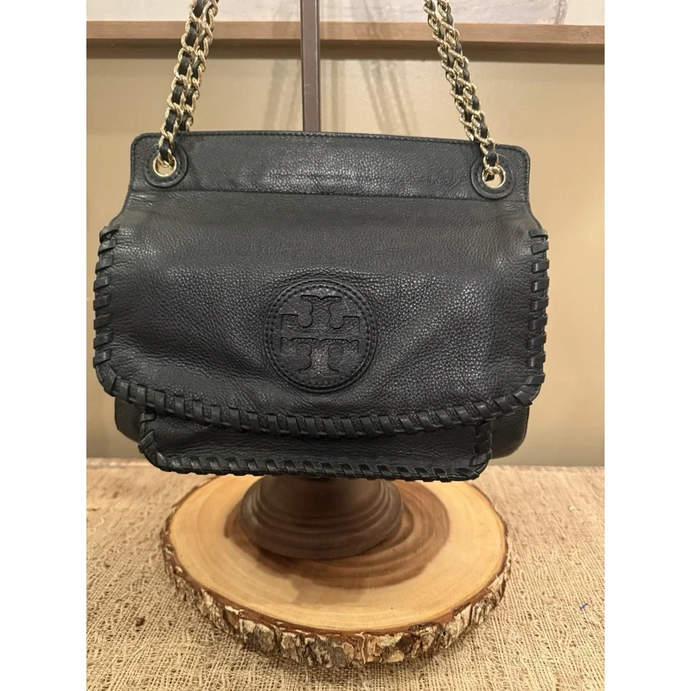 Tory Burch Marion Black Pebbled Leather 2-Way Whipstich Chain Strap Shoulder Bag